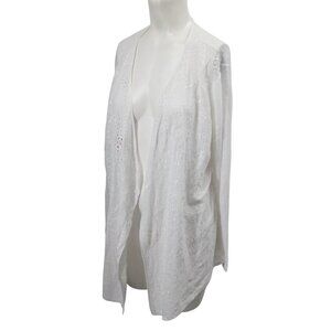 J Jill White Eyelet Open Front Lightweight Linen Cardigan Size L Embroidered